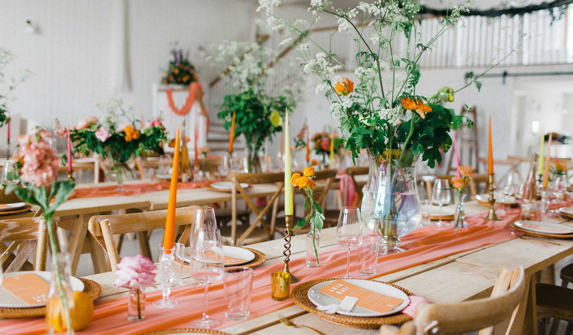 Wedding venue table layout at Frogmary Green Farm by Liz Baker Photography